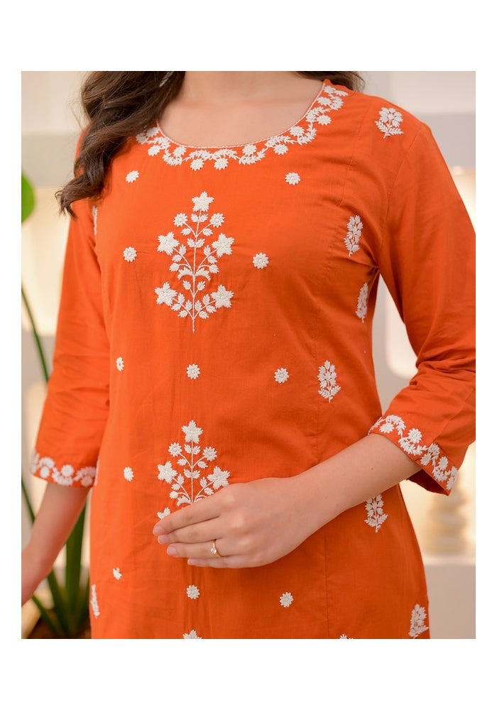 Malishka Export Orange Rayon Slub Embroidered Kurta Pant for Women - Image 4